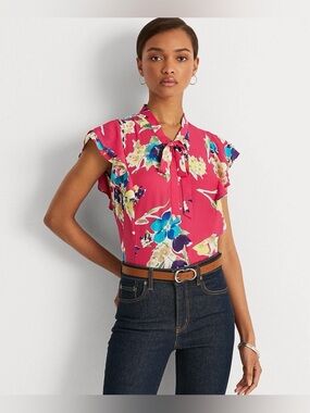 NWT Lauren Ralph Lauren Floral Georgette Tie-Neck Blouse Pink Flutter Sleeve